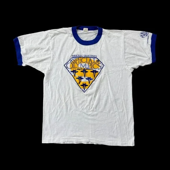 Vintage 1980s Special Olympics T Shirt Large Screen Stars USA Blue Yellow Angels - Picture 2 of 11